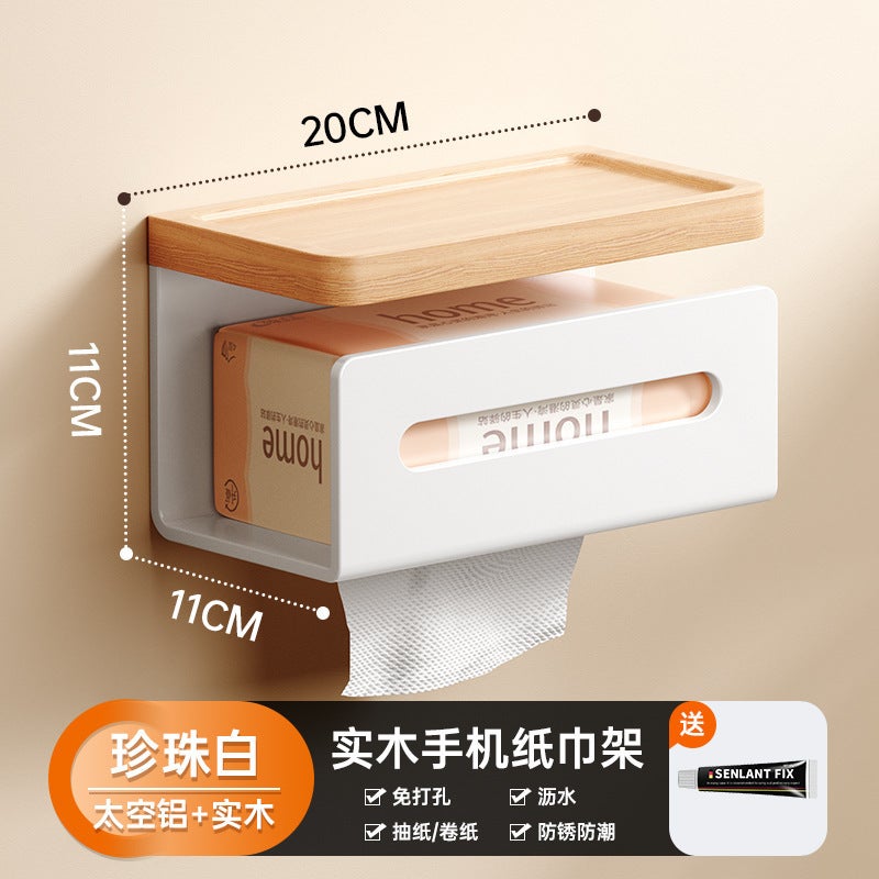 Punch-Free Bathroom Tissue Box Rack Toilet Creative Japanese Bathroom White Solid Wood Paper Roll Rack Wall-Mounted - Image 1